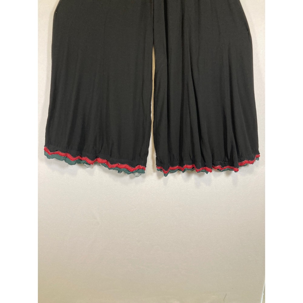 Boho Artsy Lagenlook Women Medium Black Wide Leg Lettuce Edge Palazzo Pants - Picture 7 of 9